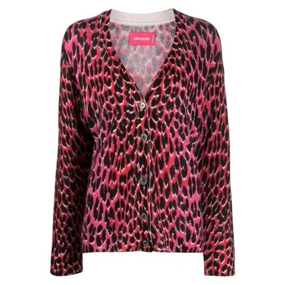 ZADIG & VOLTAIRE Mirka Cashmere Leopard Print Cardigan Size Medium Pink Animal - Picture 2 of 8